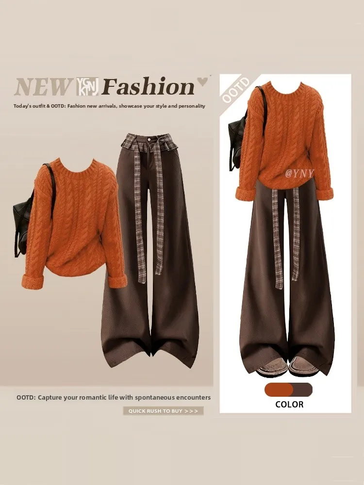 Retro Koreanische Sle Weiche Gestrickte Pullover Hohe Taille Plaid Gürtel Jeans frauen Faion Set Winter Neue Faul Sle Lange Sve r...