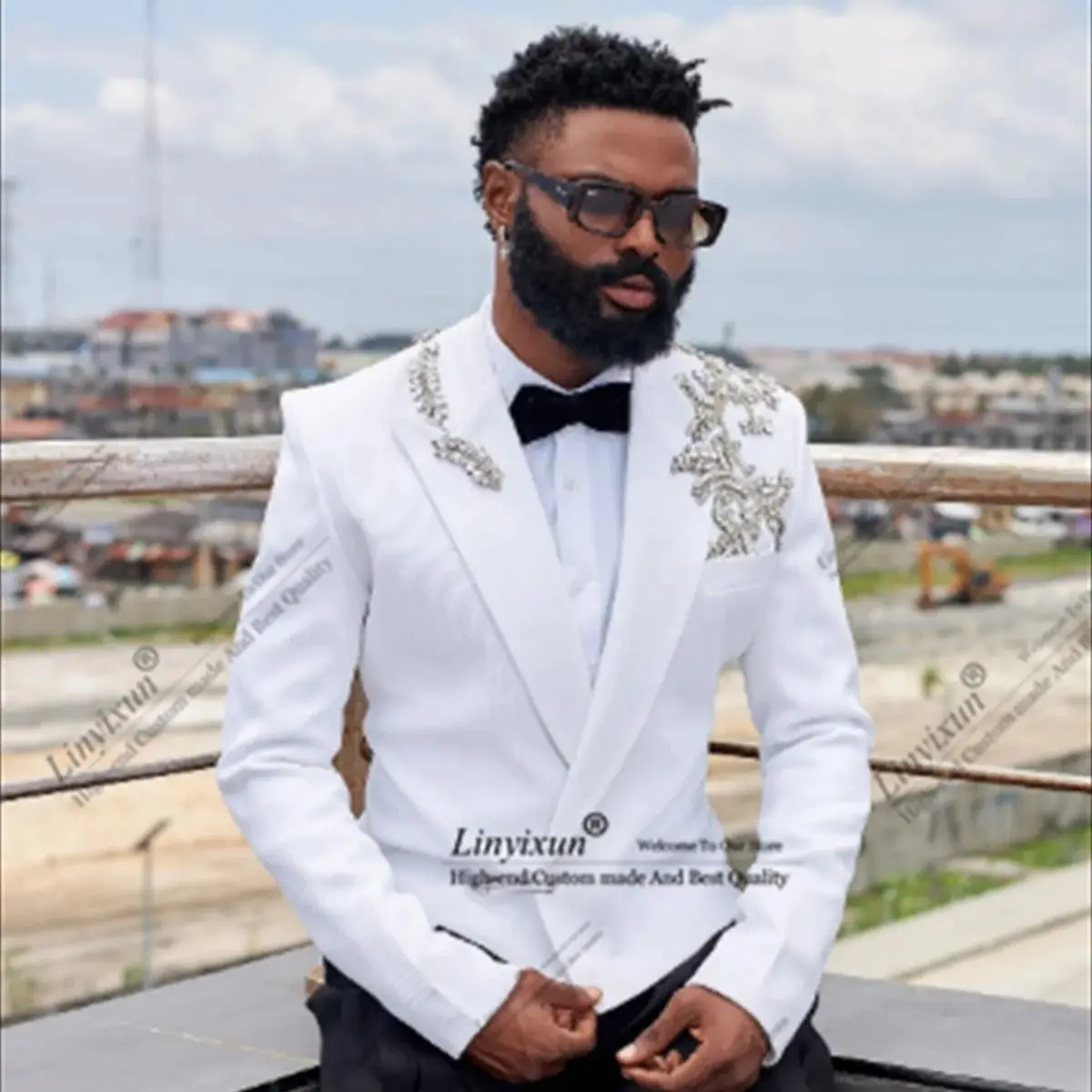 Fashion Sequins Beaded Men Suits Customized Groom Wedding Tuxedos 2 Pieces Sets Male Party Prom Blazer Terno Masculino Completo