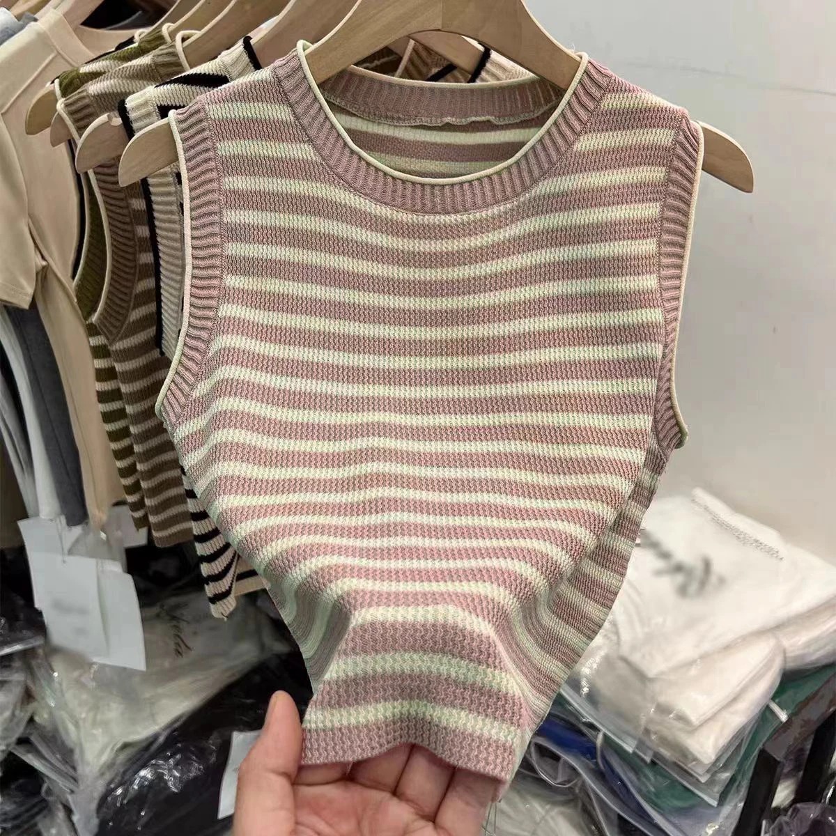 

Pink Korean Chic Striped For Women's Clothing Tank Top Casual Vest O-Neck Sleeveless Blouses Knitted Vest Sweet Trend Fashion