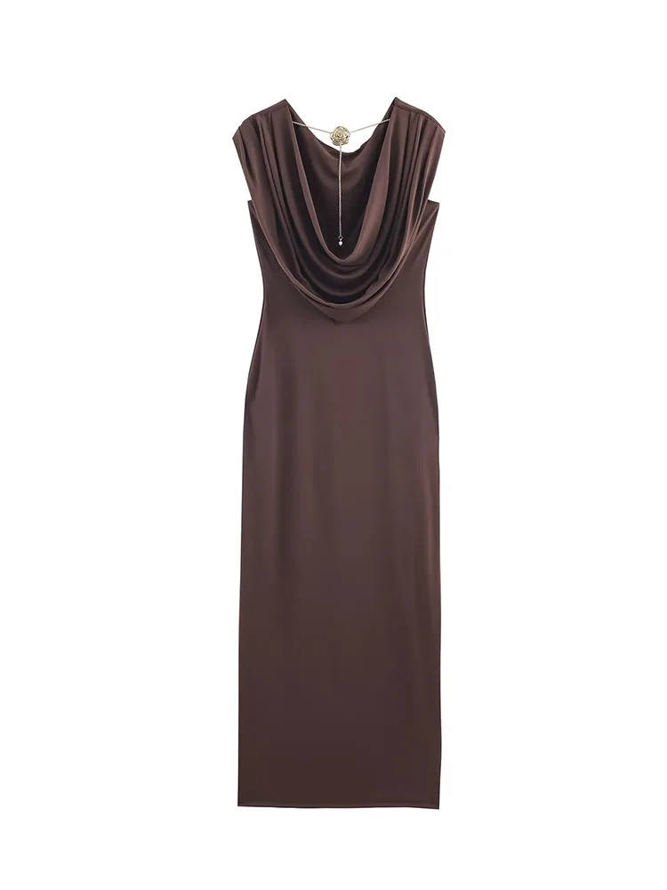 Hh nova mulher primavera moda em torno do pescoço sem mangas sexy sem costas corrente plissado decoração vestido longo feminino elegante vestido de festa