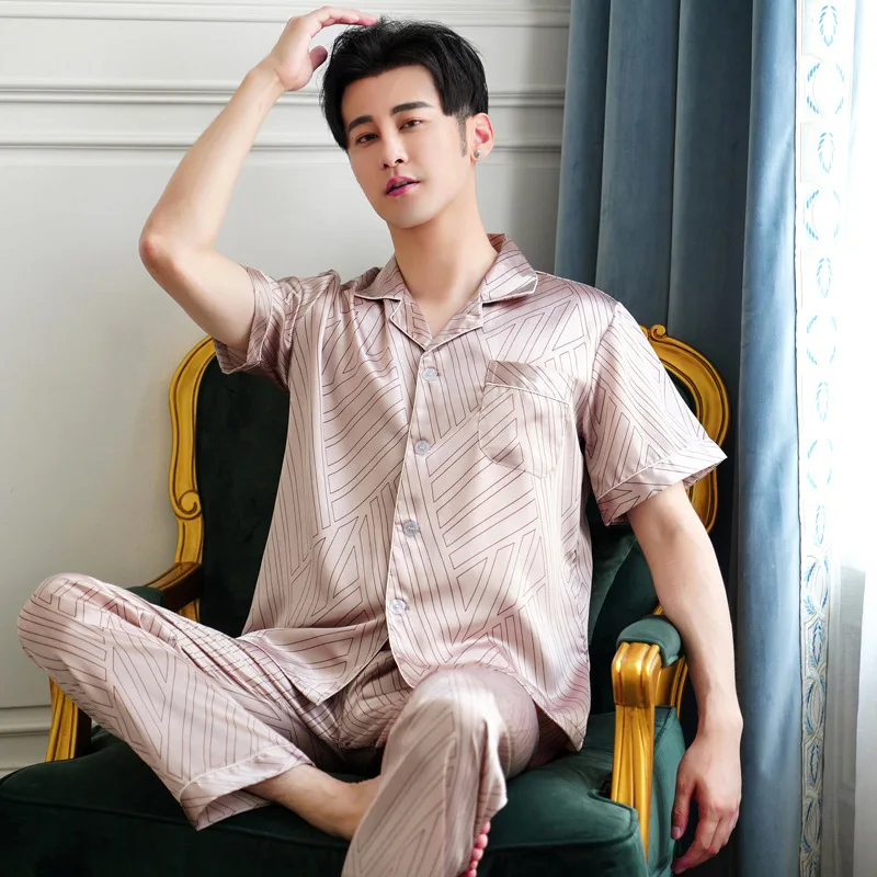 

Brand Design Pajamas Men Summer Ice Silk Home Wear Set Male Thin Satin Sleep Clothing Night Suit Gentlemen Pyjamas Breathable