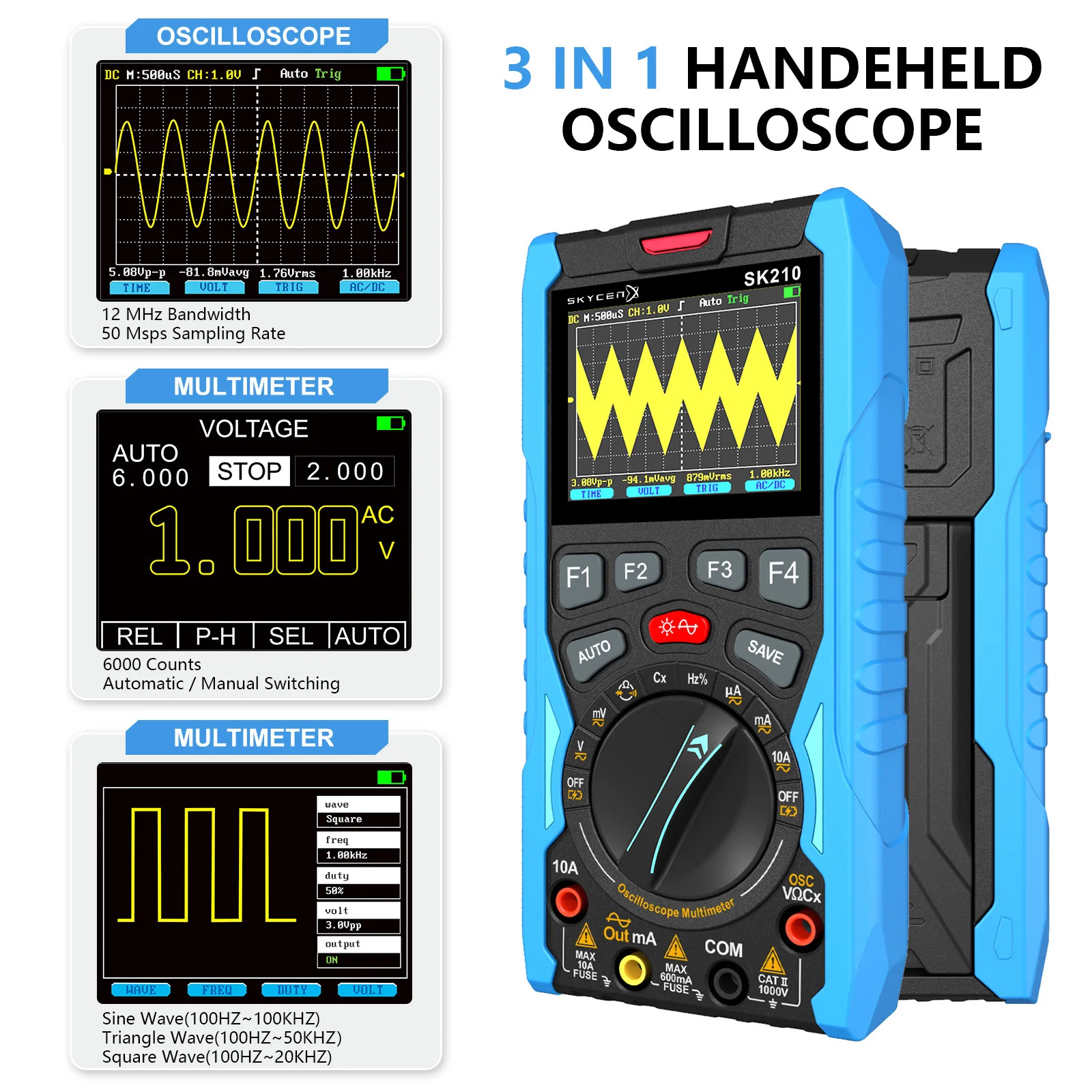 SK210/SK202A Handheld 3-in-1 12/70M Bandwidth Digital Oscillometer Portable Multimeter Signal