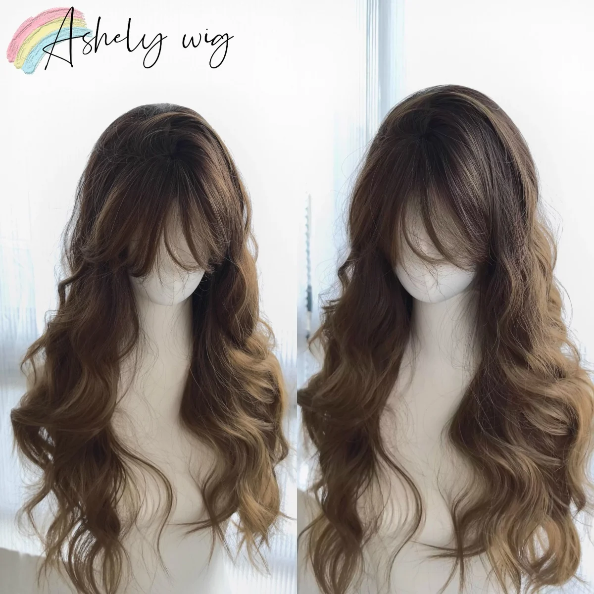 

Ashely Natural and Realistic Long Curly Hair Wig with Mixed Gradient Brown Bangs High Temperature Fiber Synthetic Wigs Daily Use