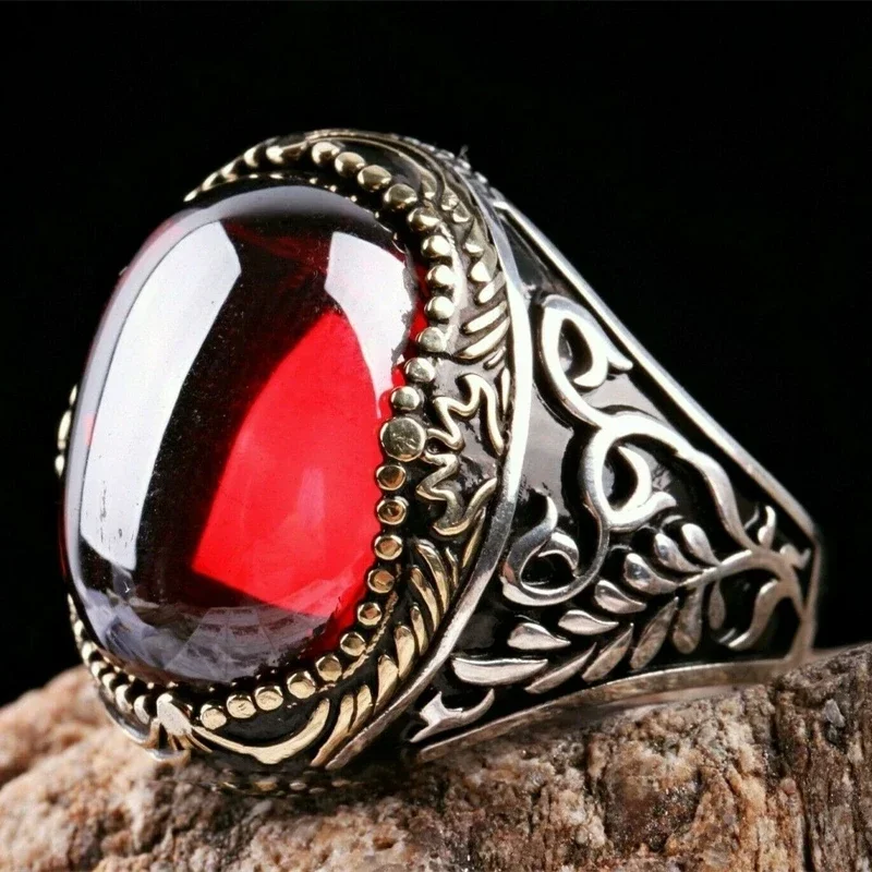 2025 New Inlaid Red Emerald Men\'s Ring Turkey Retro Domineering Personality Ring To Attend The Banquet High-quality Jewelry