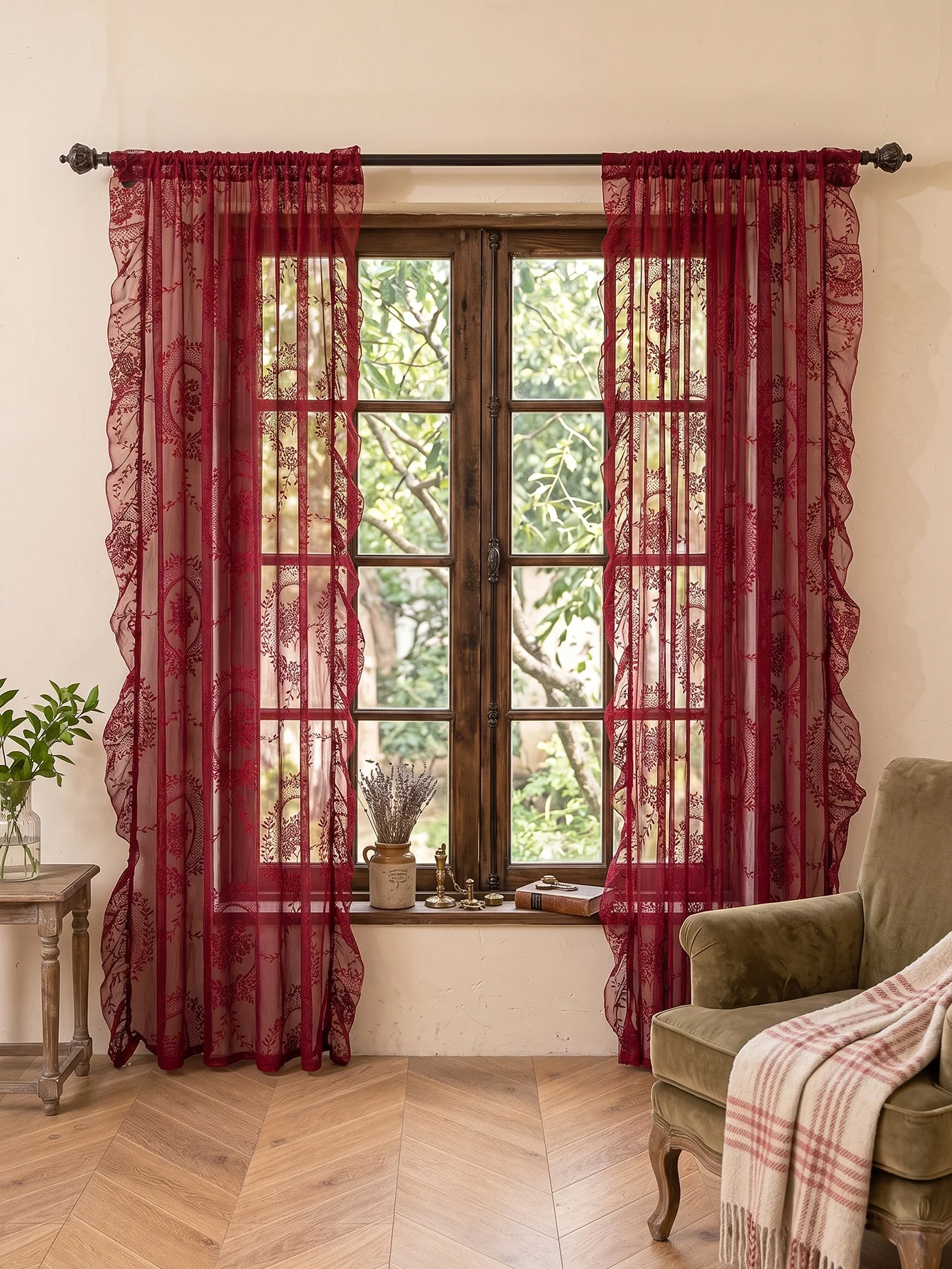 Burgundy Vintage Lace Sheer Curtains, Floral Embroidered Ruffled Voile Drapes For Living Room