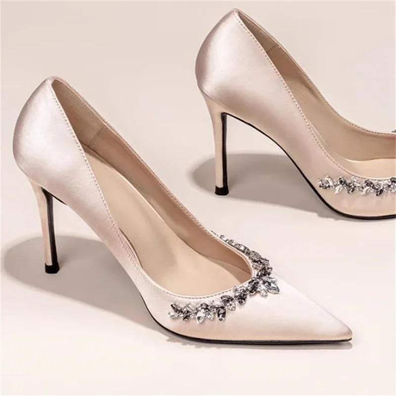 

Rhinestones Shoes For Women Pointed Toes Thin High Heels Female Pumps Sewing Lines Tacones Zapatos De Mujer Solid Chassure Femme