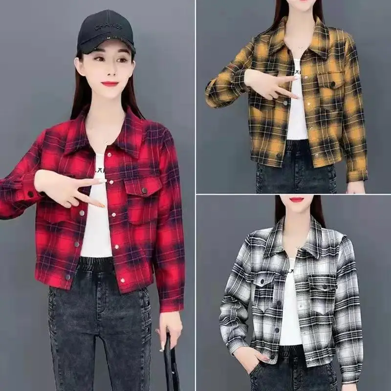

Simple Plaid Loose Women's irt Sle Spring Autumn High End Casual Collar Long Sve ort Length Ladies' Top