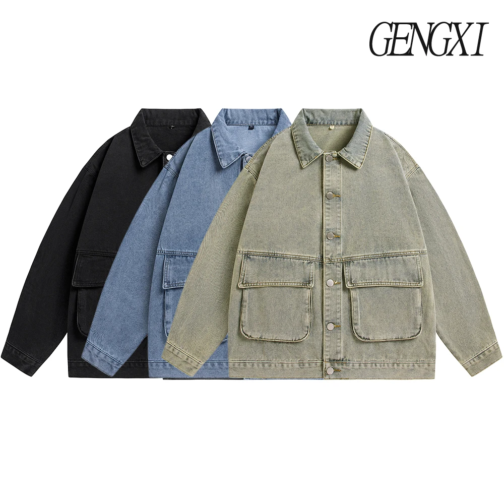

Мужская рабочая одежда High Street с отложным воротником, джинсовая куртка, винтажная потертая повседневная куртка фэн-шуй, модная мужская одежда