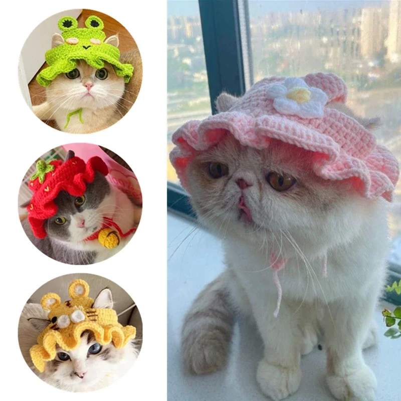 

Spring Summer Cat Hat Elastic Cute Refined Knitted Pet Hat for Puppy Kittens Party Photo Shoot Props Decoration Cat Accessories