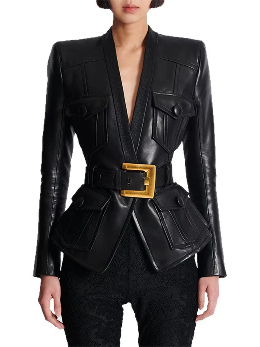 

Modphy 2025 Latest Design Slim Pu Leather Jacket Black Quality Blazer Belt Women Fashion Jackets Coat