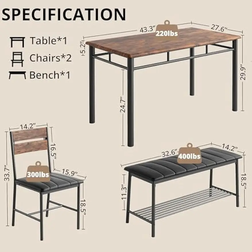 Dining Table Set for 4, Kitchen Table with Upholstered Bench and 2 Chairs, Kitchen Table and Chairs Set for Small Space, Apartme