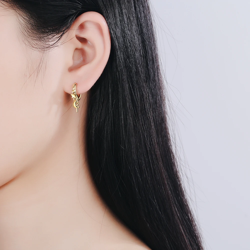 حقيقي 925 فضة 18K الذهب القمر ستار الصليب شرابة هوب أقراط للنساء حفلة غرامة مجوهرات الحد الأدنى اكسسوارات