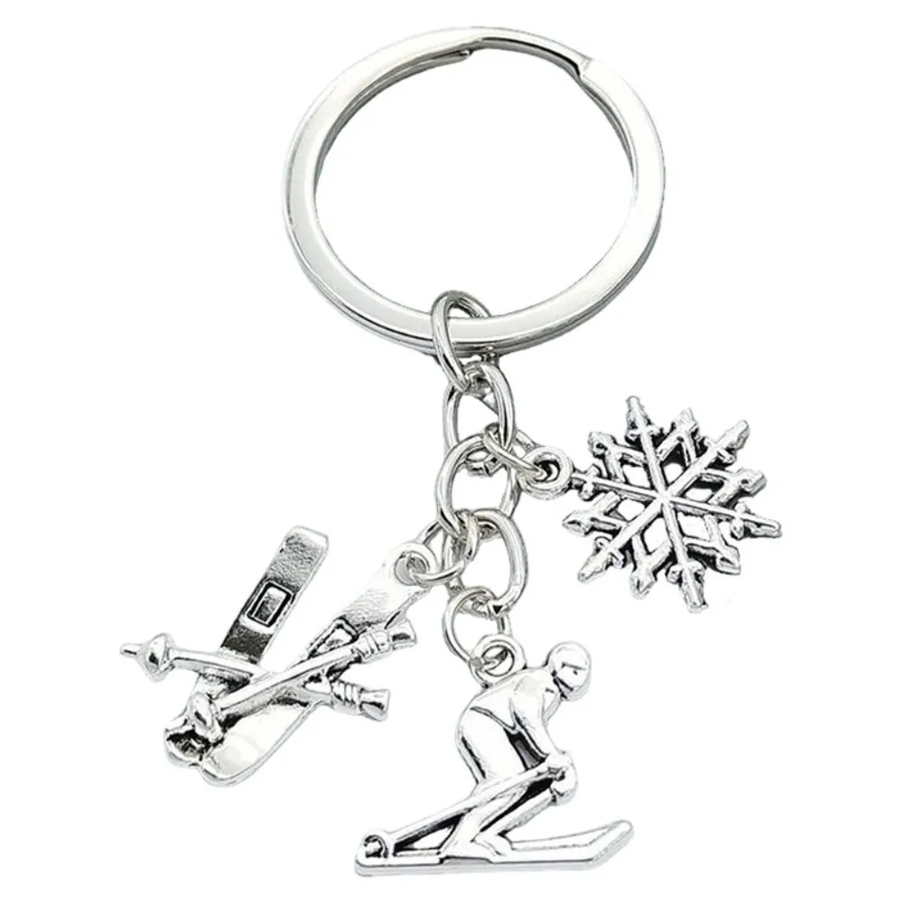 Decoration Metal Pendant Skiing Keychain Key Ring Car Bag Pendant Snowflake Pendant Silver Color Skier Decoration Birthday Gift
