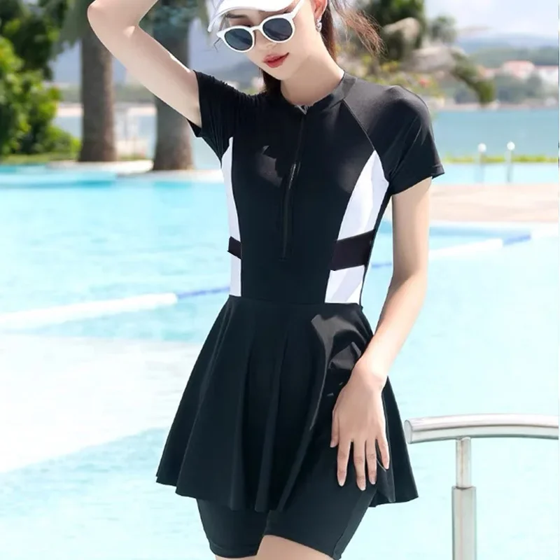 Bikini conservador de cintura alta de una pieza para mujer, traje de buceo de entrenamiento deportivo, traje de baño de estilo coreano de talla grande