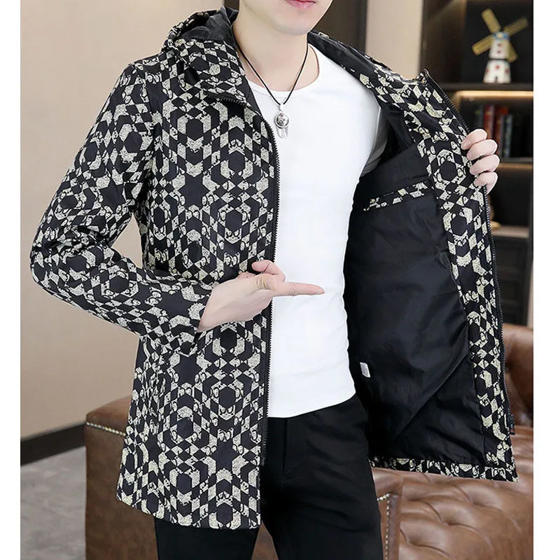 

2023 New Spring and Autumn Fashion Trend Loose Fitting Casual Hooded Mid Length Diamond Printed Versatile Men's Trench Coat