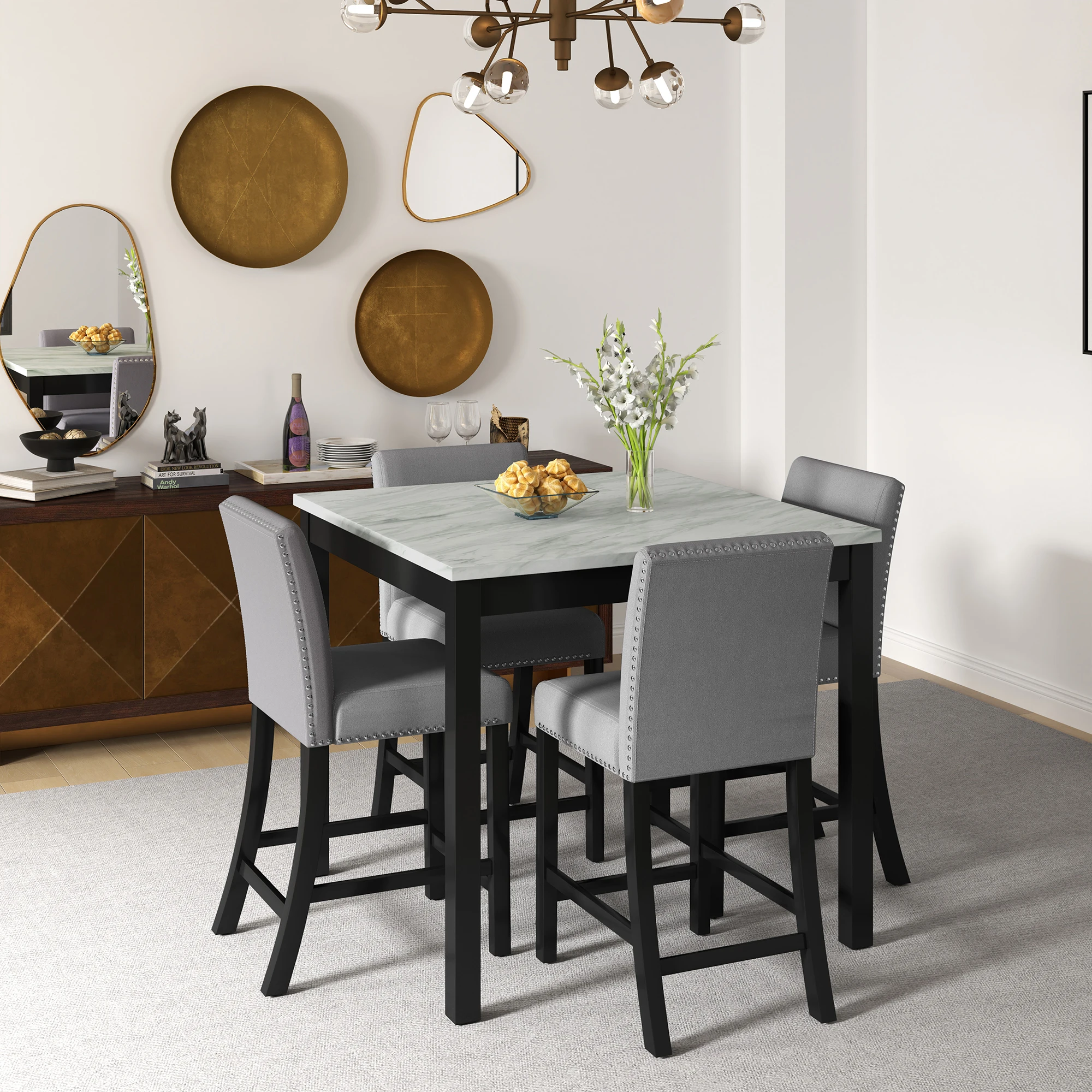 5-Piece Dining Table Set, Wooden Square Counter Height Table with 4 Chairs Modern Mid-Century Compact Dining Set for Small Space