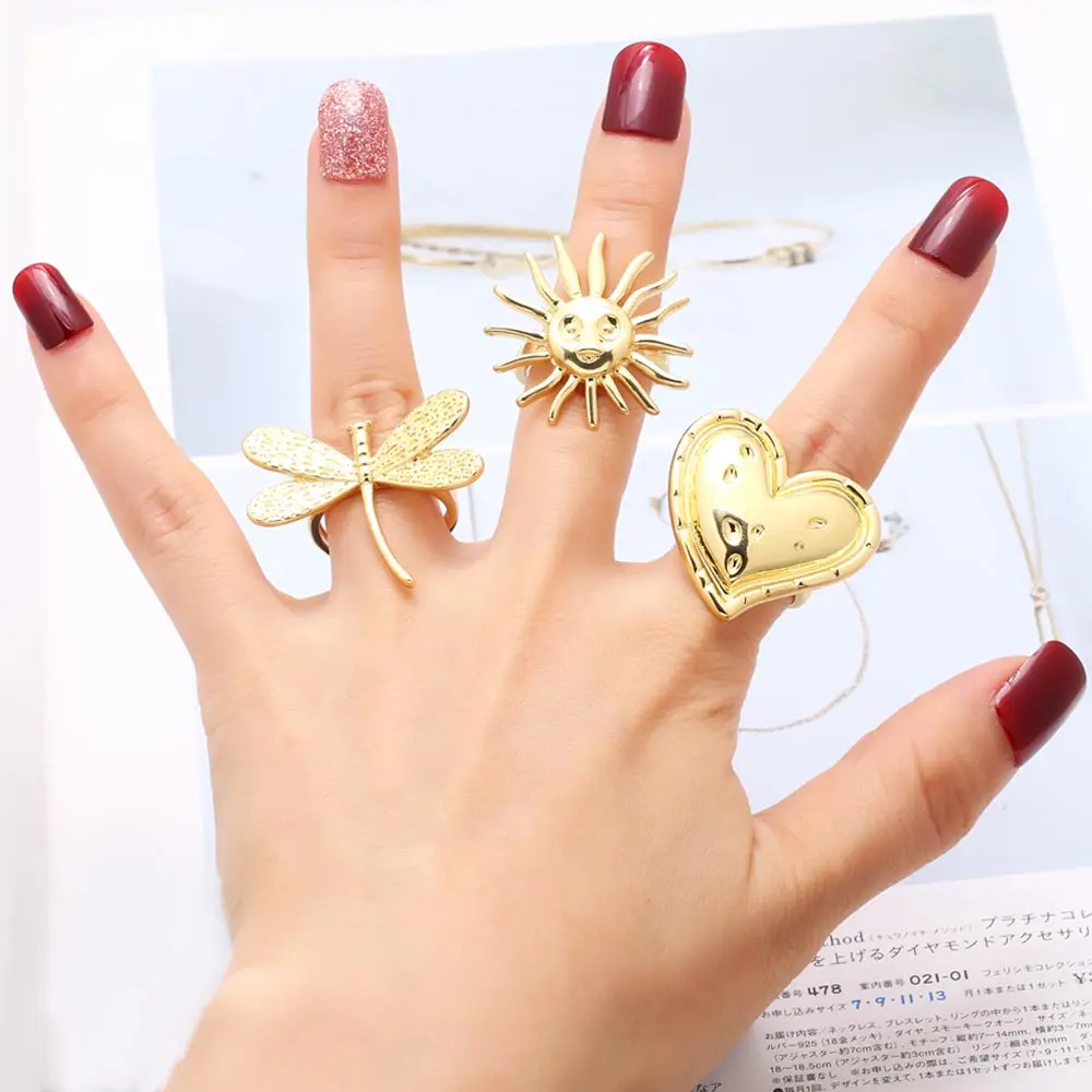 OCESRIO Fashion Big Heart Statement Rings for Women Copper Gold Plated Dragonfly Sun Open Ring Women Jewelry Gift righ58