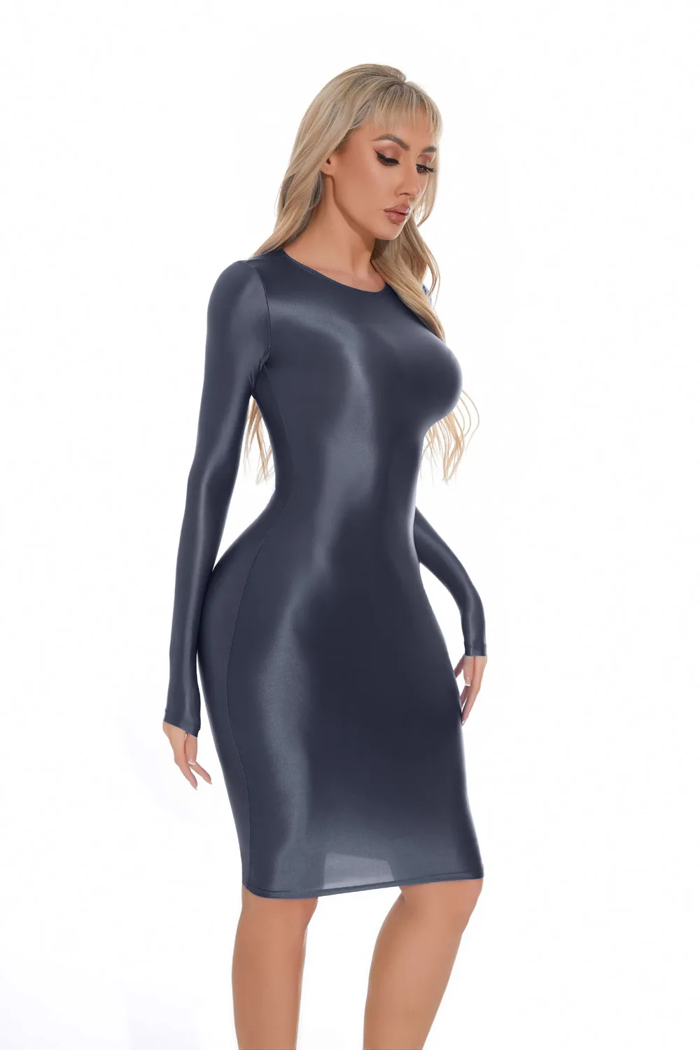 M XL Langarm Glänzendes Midi-Kleid Strumpfhosen-Paket Hüftminirock Sexy Clubwear Vestido Bodycon-Kleider Bodystocking Robe – Detail 21