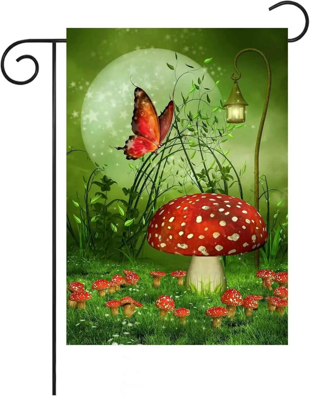 Fantasy Farm with Mushrooms Lamps Flowers Trees Moon and Butterfly Garden Flag 12 x 18 Inch Double Sided Yard House Outdoor Bann