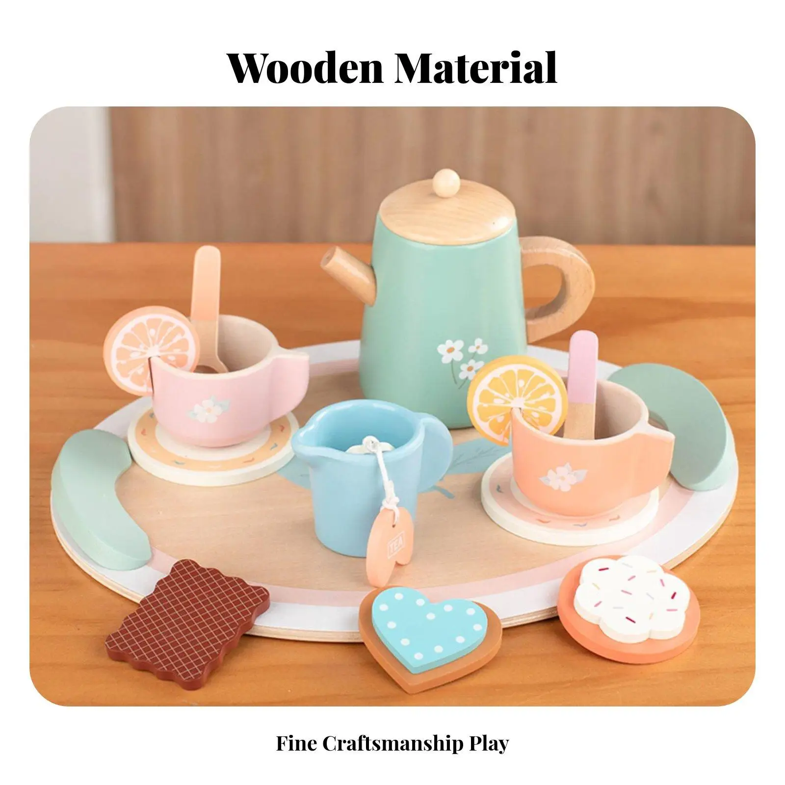 Miniature Wooden Furniture Tea Set for Dollhouse Fabric Toy Tableware Kids Pretend Play Kitchen Educational Toy with Lemon