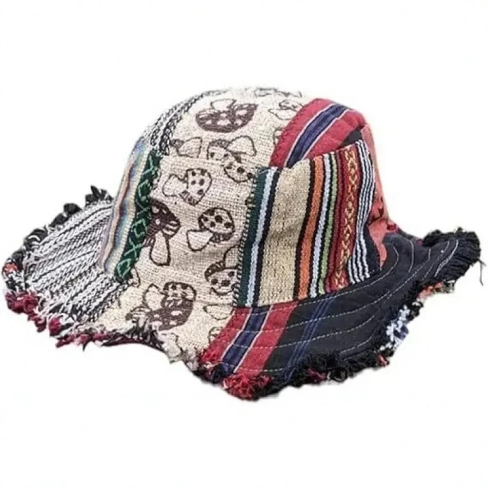 Creativity Patchwork Multicolored Mushroom Hemp Hat with Hidden Wide-brimmed Fedorahats Bucket Hat Hippie Mushroom Straw Cap