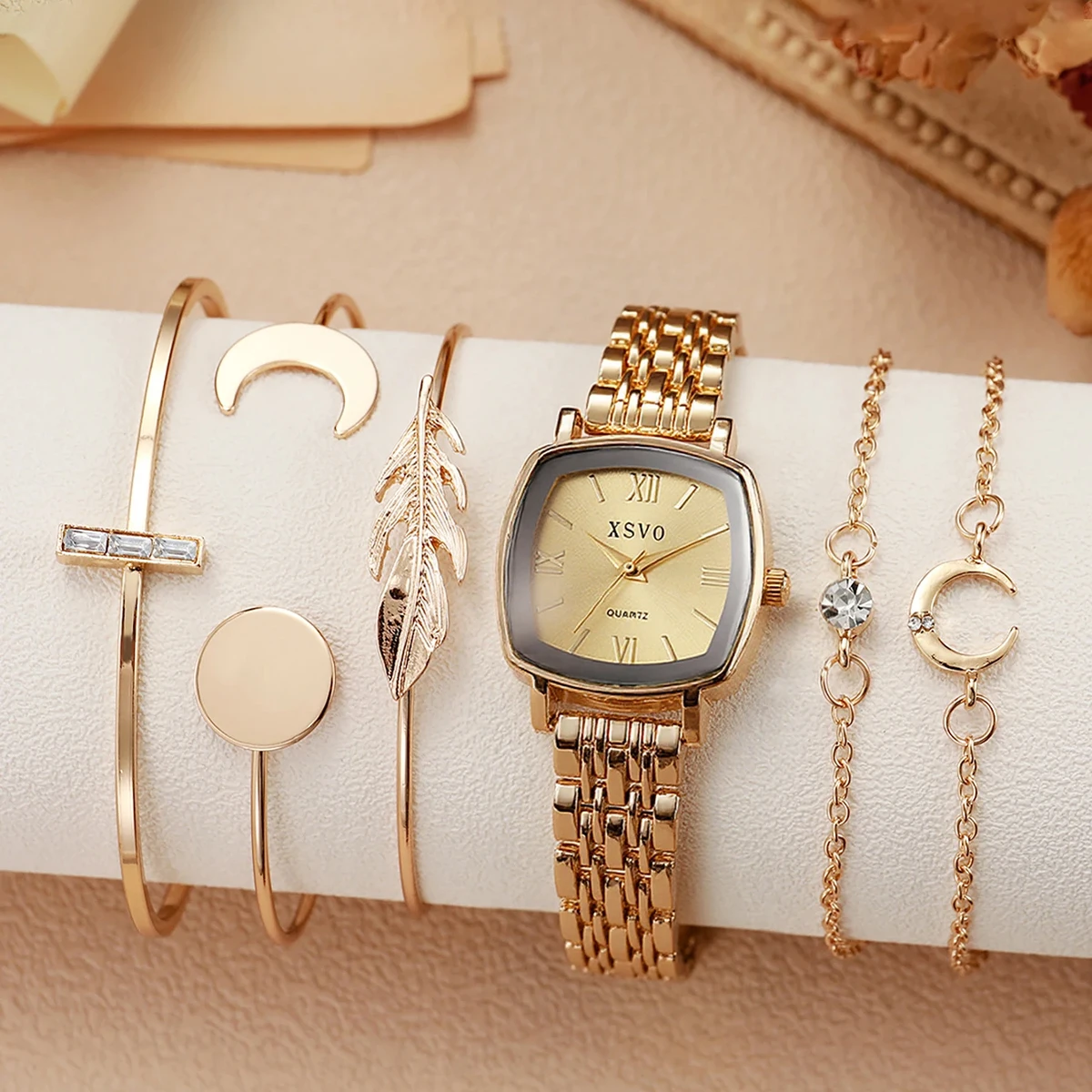 Juego de 6 pulseras de reloj de cuarzo para mujer, material de aleación con esfera cuadrada, moderno y elegante, adecuado para Acción de Gracias