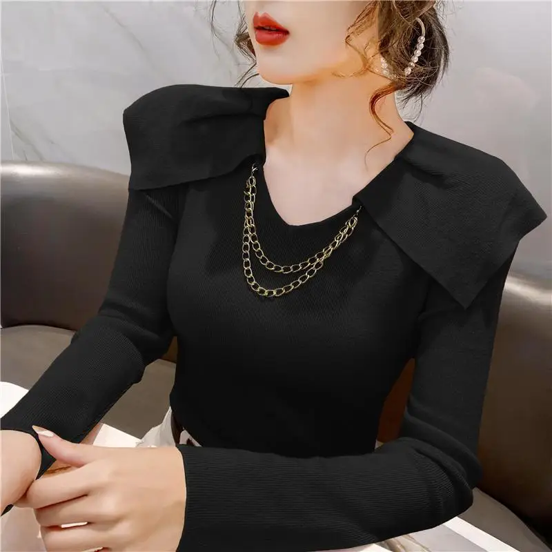 Women\'s Trendy Chain Ruffle Design Elegant Basic Knitted Sweater Autumn Winter Female V Neck Chic Pullover Tops Long Sleeve Ropa