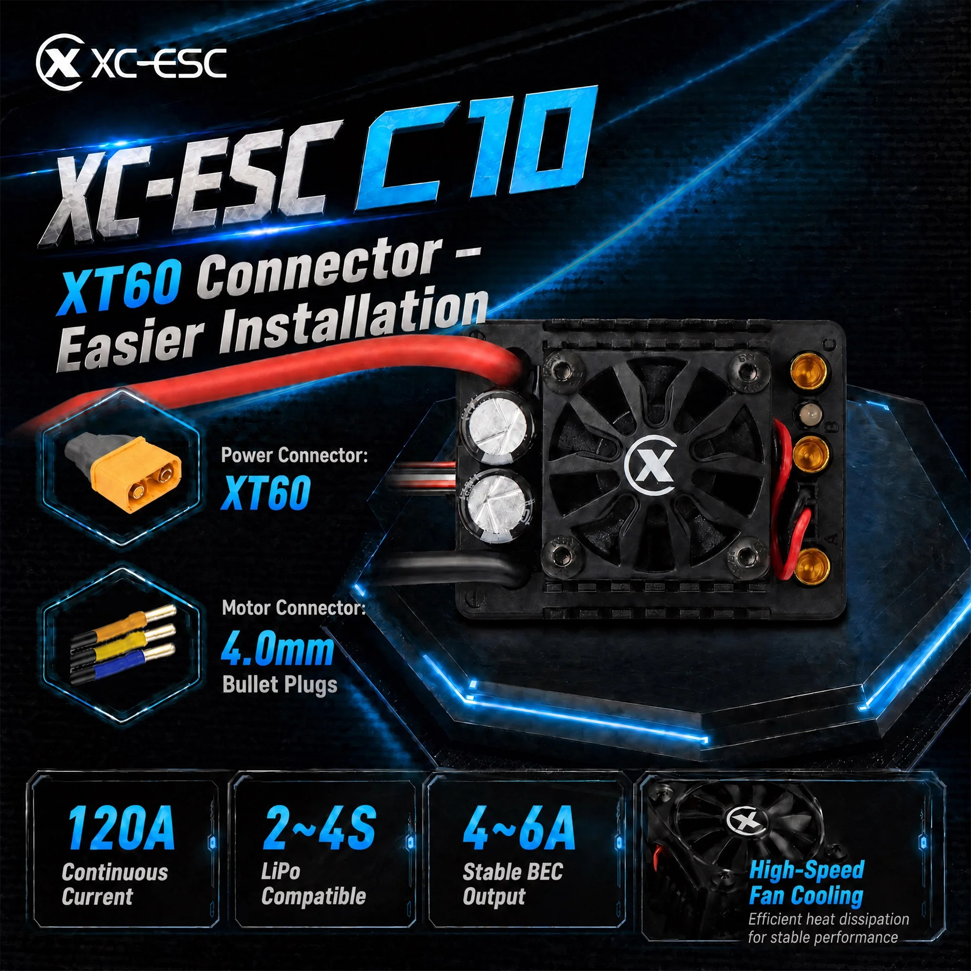XC-ESC C10 120A 2-4S LiPo Bec 7.4/8.4V Wireless for RC Brushless ESC 1/10 NEW