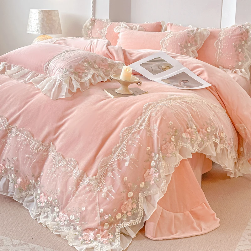 

Pink Lace Korean Princess Style Bedding Set Milk Velvet Warm Autumn Winter Duvet Cover Flat/Fitted Bed Sheet Pillowcases 4Pcs