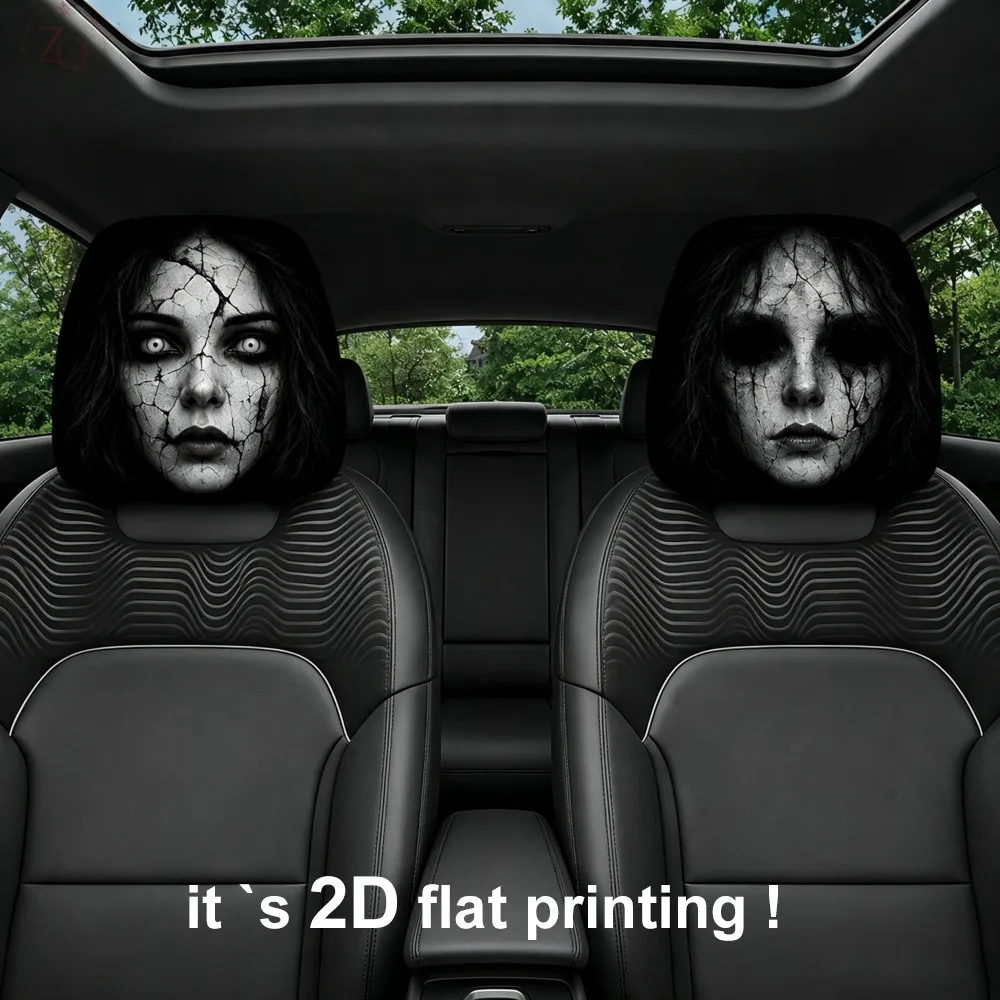2Pcs Horror Cracked Face Ghost Girl Car Headrest Covers , Halloween Themed 2D Print, Soft High Elastic Fabric, Universal
