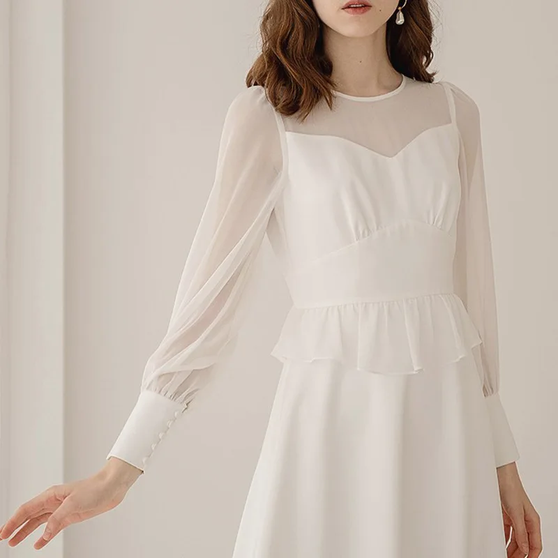 Korean-Style Light Wedding Dress Minimalist Long Sleeve round Neck Clinch Flat Waist Bride White Dinner Suit