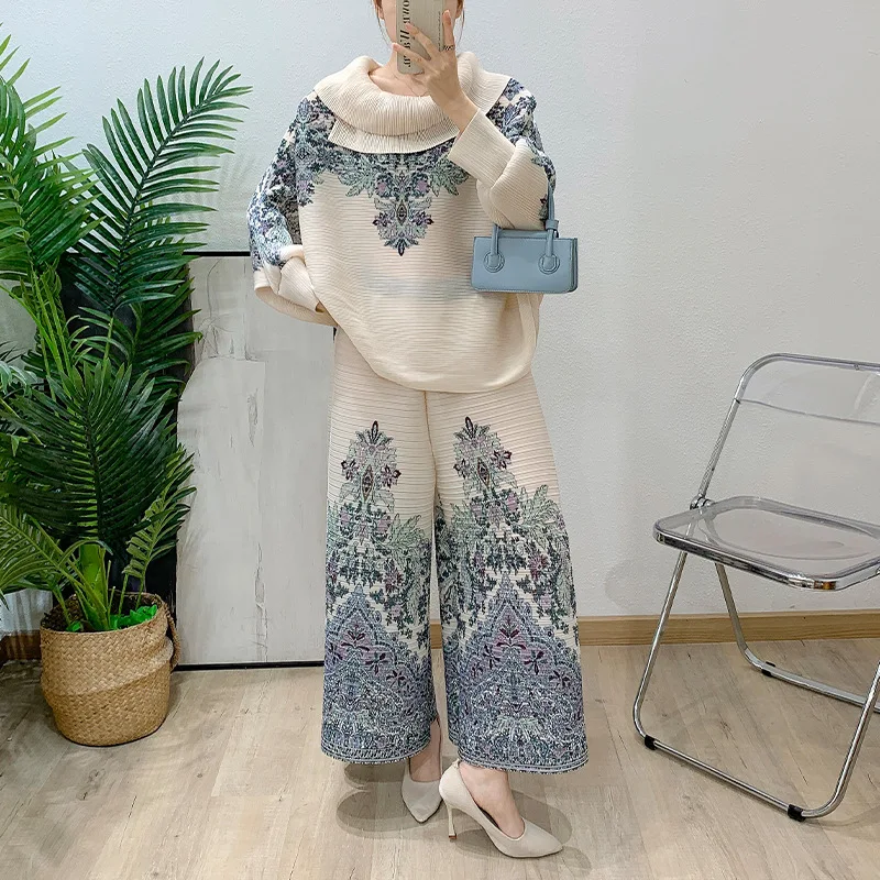 

Miyake Fashion Pleated Set 2025 Summer New Lapel Long Sleeve Top + Wide Leg Pants Two-piece Sets Women's Clothing