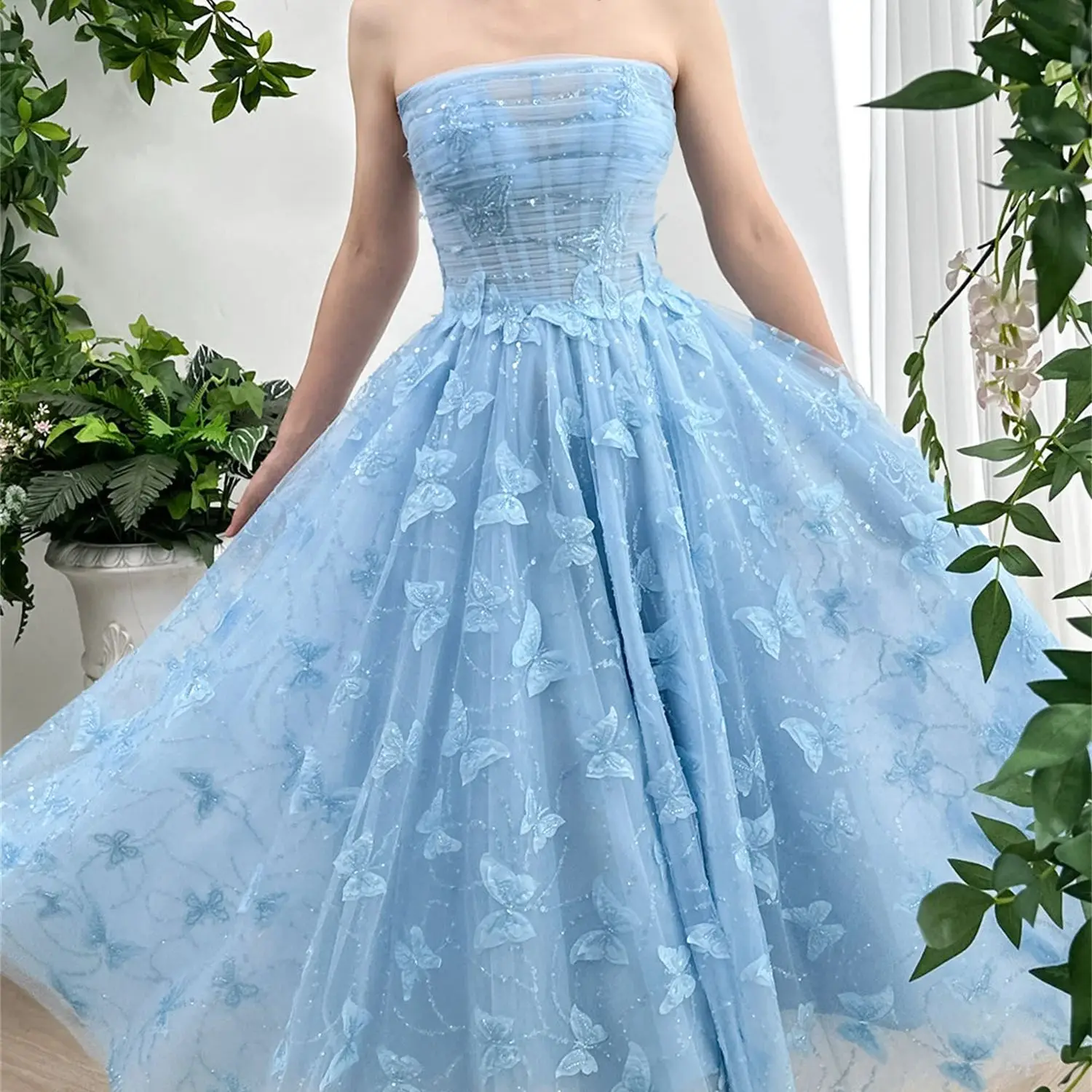 Aileen Tube Top A-line Sky Blue Butterfly Sharon Happy Evening Dresses for Special Occasions Elegant Gowns Rhinestones Party