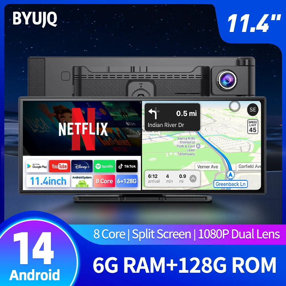 BYUJQ Android 14 11.4 "Camera per auto da cruscotto 8 Core Wireless CarPlay Android Auto Cars DVR Google Play Google Play Youtube GPS WiFi