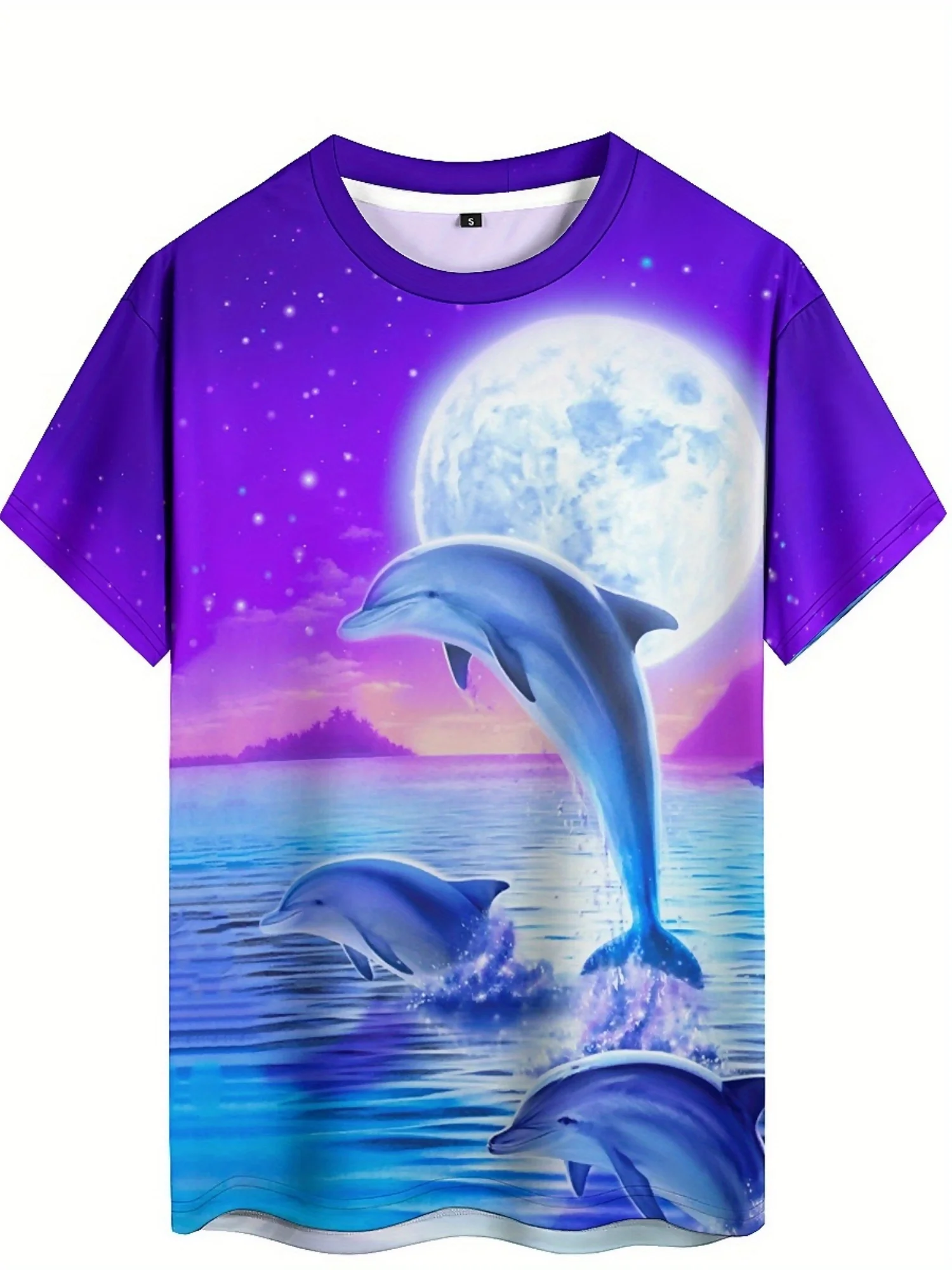 

3D Dolphin Print T-Shirt | Unisex Polyester Tee with Moonlit Ocean Design | Vibrant Purple & Blue | Round Neck, Short Sleeve