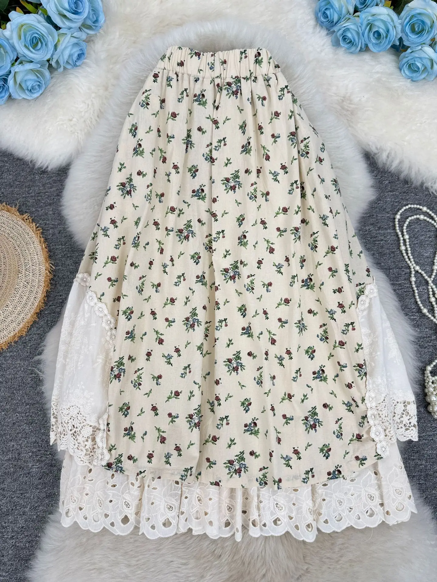 French Beige Floral Lace A-line Skirt High Waist Tiered Ruffle Lace Trim Midi Skirt Countryside Garden Mori Girl Summer Outfits