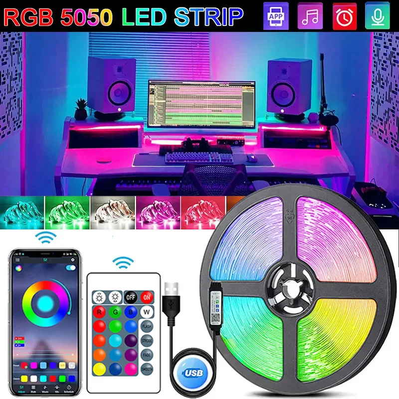

Светодиодные ленты RGB, синхронизация музыки, управление через приложение, USB 5050, светодиодные диоды Luces, гибкая лента для ламп для украшения комнаты, вечеринки, подсветка телевизора