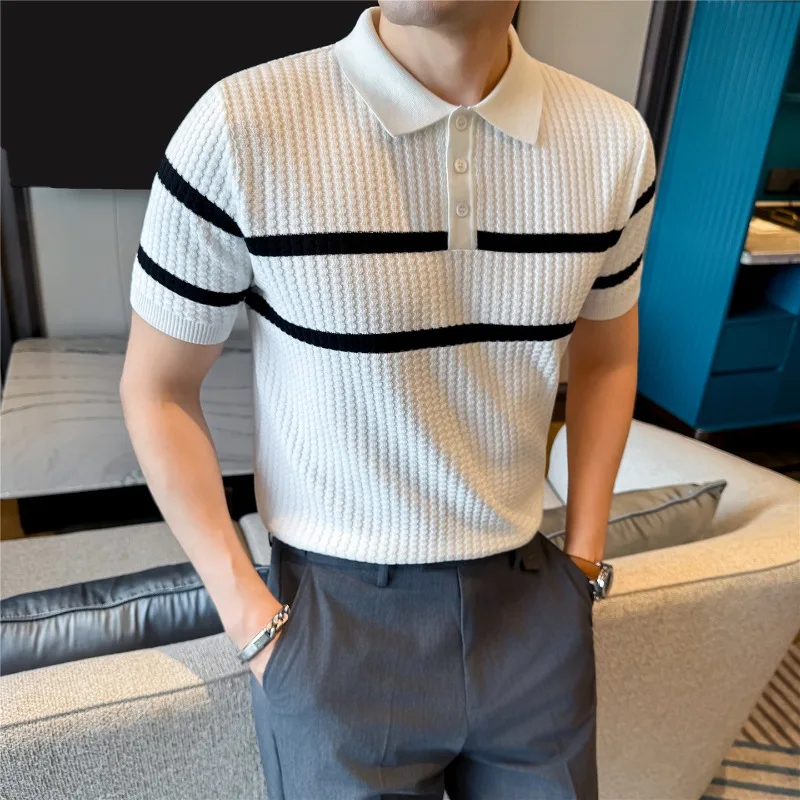 

Men Knitted Polo Shirt Summer High-quality Stripe Fashion Casual Elastic Slim Fit Short Sleeved T-shirt V-neck Top Men Clothing