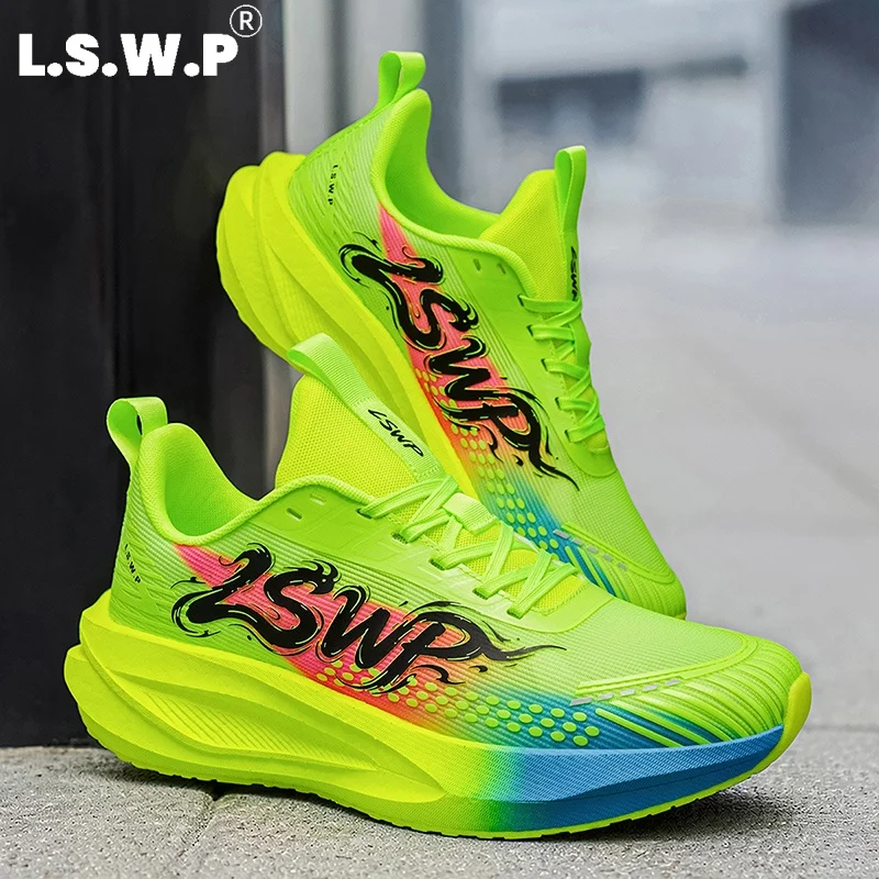 Men's Running Shoes, Tennis Shoes, Professional Sports Running Shoes, with a Fine Fly-Knit Upper That Is Breathable and Sweat-Wicking, a High-Rebound Midsole That Provides Strong Propulsion, Non-Slip Tread Sole That Prevents Slipping, and a Trendy Multi-Color Gradient Appearance, Suitable for Student Physical Exams, Running, and Fitness.