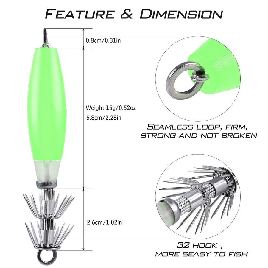 Luminous Eging Squid Jigs, Glow Hooks, iscas duras, 32 agulhas, Inverno Pesca Isca, Anzol, Lula, Polvo, 1Pc