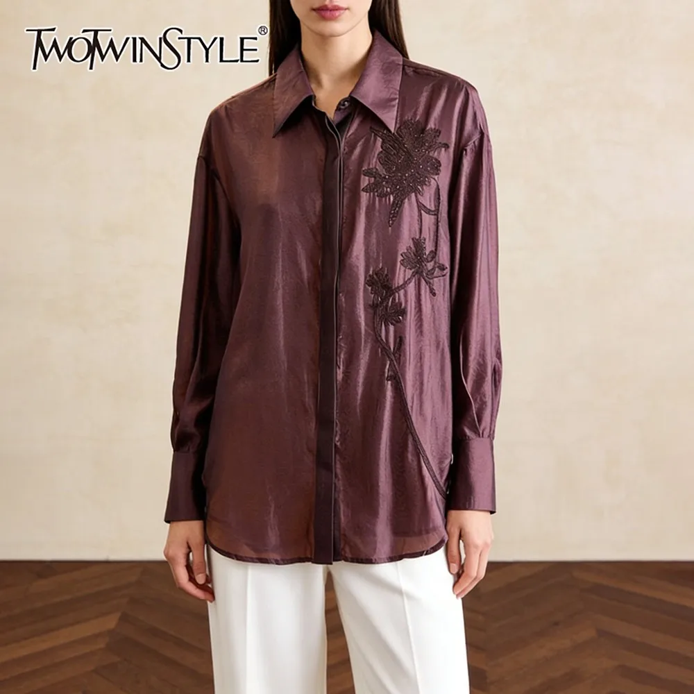 

TWOTWINSTYLE Solid Spliced Embroidery Chic Shirt Female Lapel Long Sleeve Loose Luxury Casual Women's Shirts Autumn Fashion New