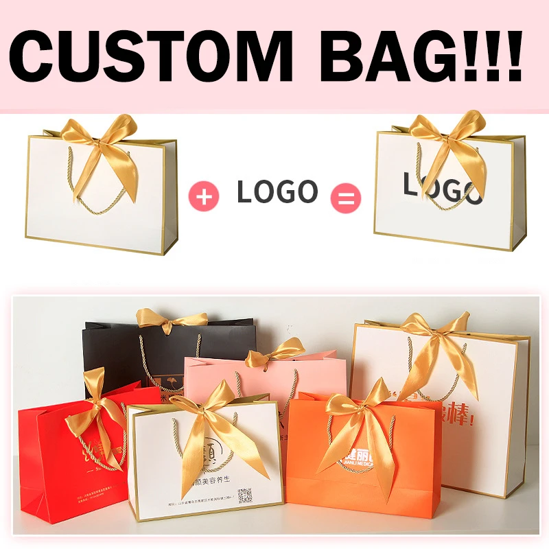 50Pcs/lot Printing One Side Logo Paper Gift Bags with Ribbon Customized Business Bags Tote Bags For Small Business Free Design