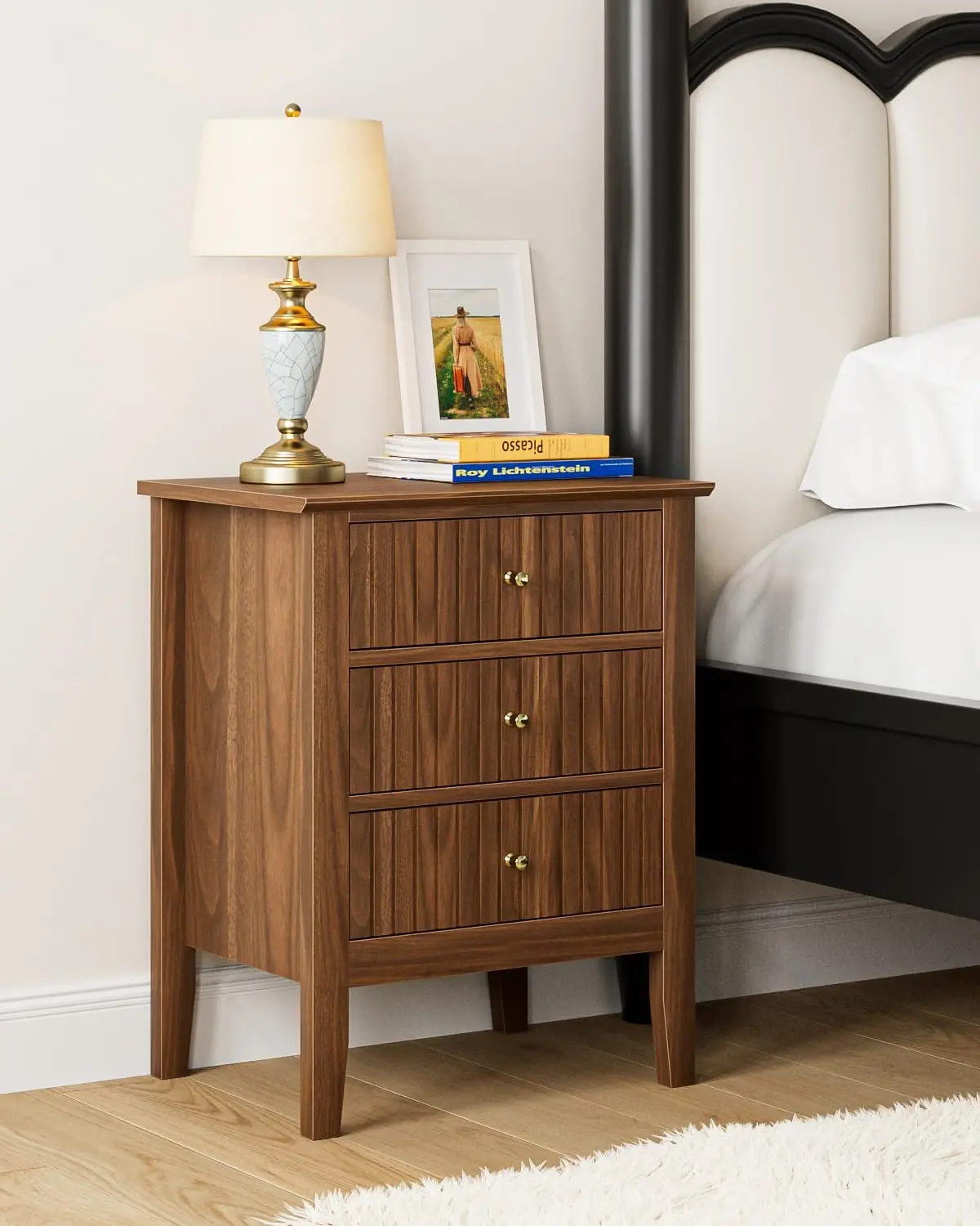 

Fluted Nightstand with 3 Drawers, Farmhouse Modern Bedside Table, Walnut Accent Table for Bedroom, Living Room