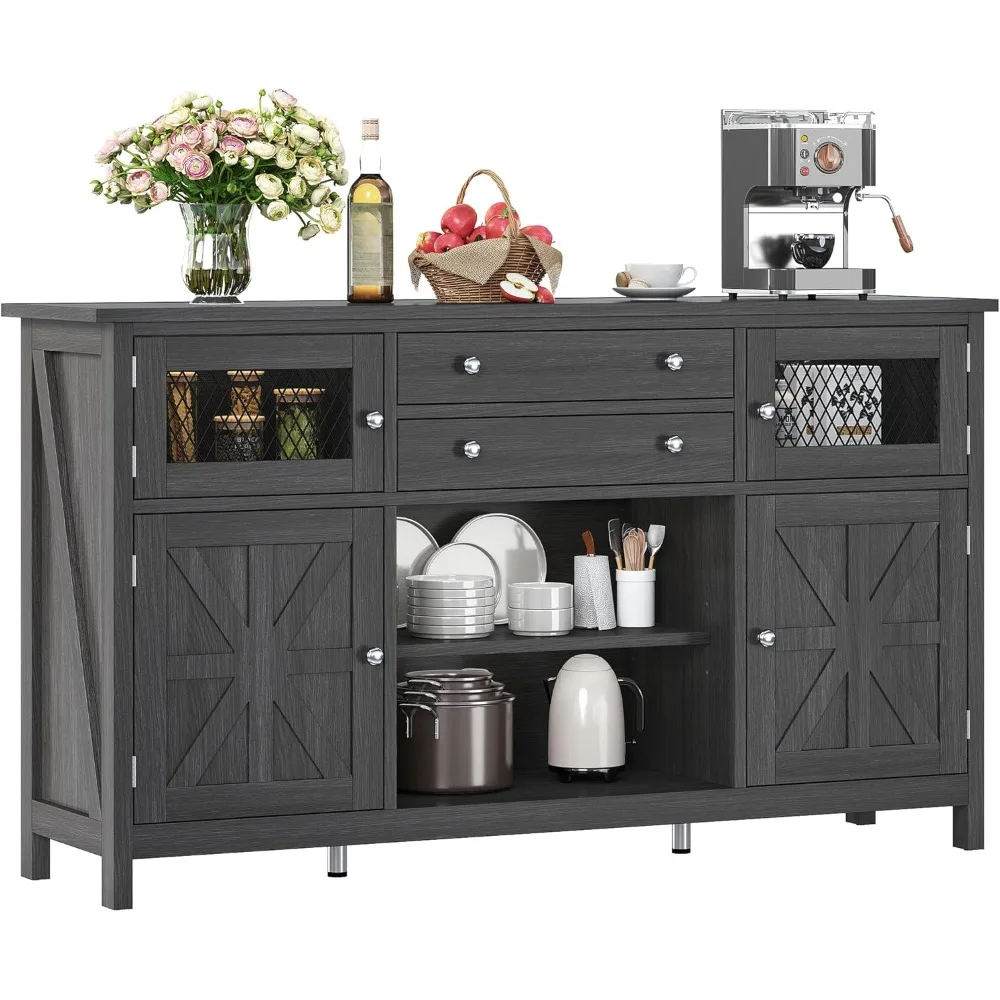 

59 Buffet Cabinet with Storage, Farmhouse Coffee Bar Cabinet with 2 Drawers and Visual Grid Door, Kitchen Storage Cabinets