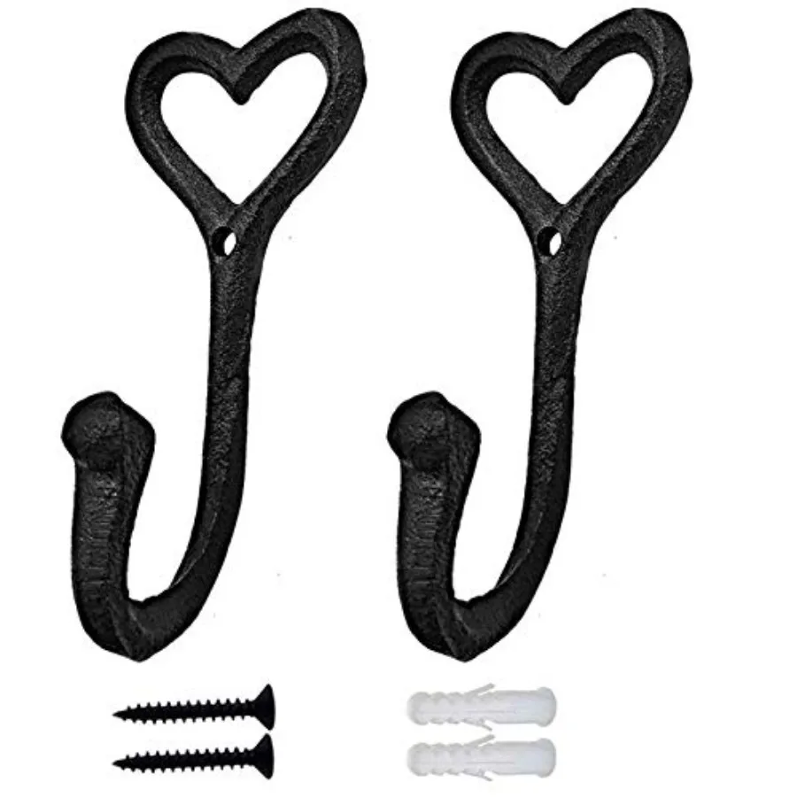 Decorative Wall Hooks Coat Towel Hook, 2 Pcs Key Bag Hanger Coat Hooks Cast Iron Vintage Holder Love Heart Shape Home Decor, Ba