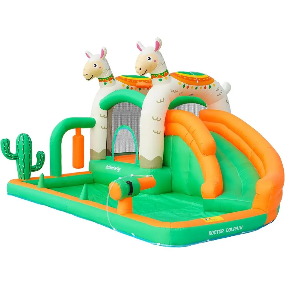 子供用滑り台付きバウンスハウス – ラマをテーマにしたウォーターバウンスハウス、クライミングウォール、スプラッシュプール、ボールピット付き – 水遊びと陸上遊び両用