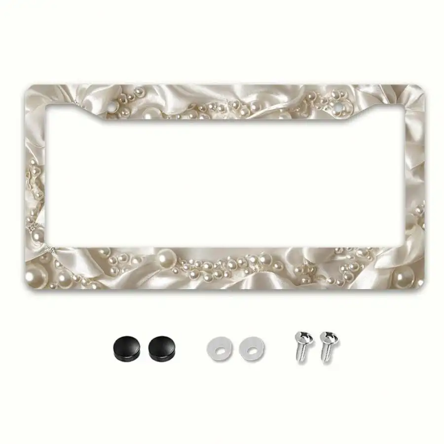 [New Arrival]Stylish Metal License Plate Frame, 2D Flat Design, Decorated With Pearls And Tassels - 12X 6inch, Suitable For US