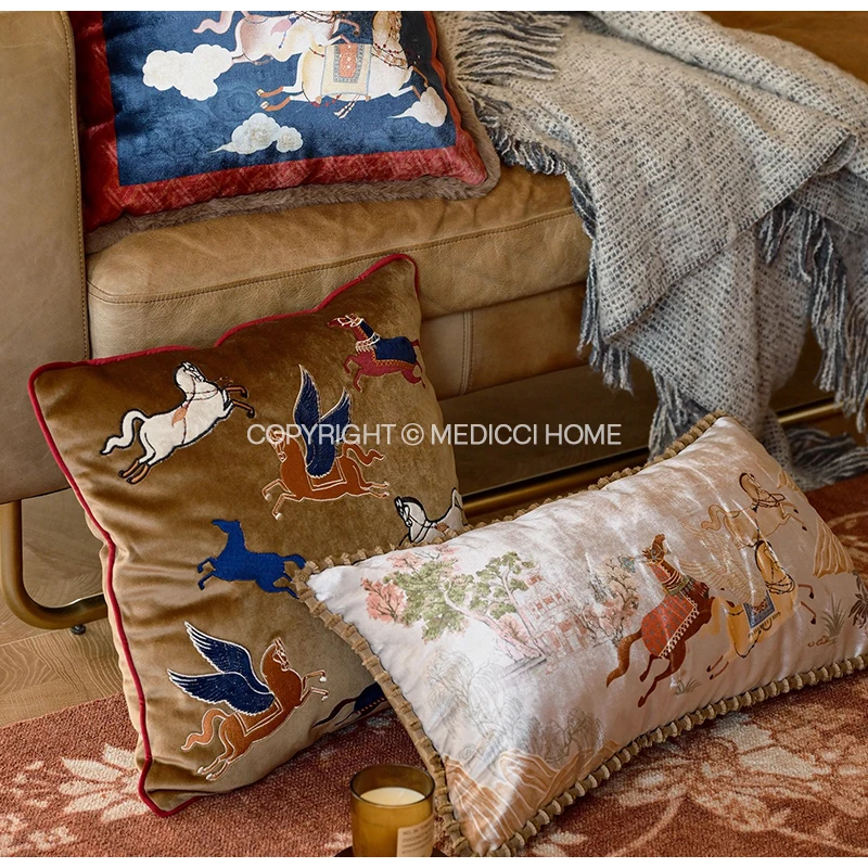 Medicci Home Eclecticism Style Exquisite Bolster Pillow Cover White Horse Printed Sofa Bedroom Decoration Cushion Case 30x60cm - view 5