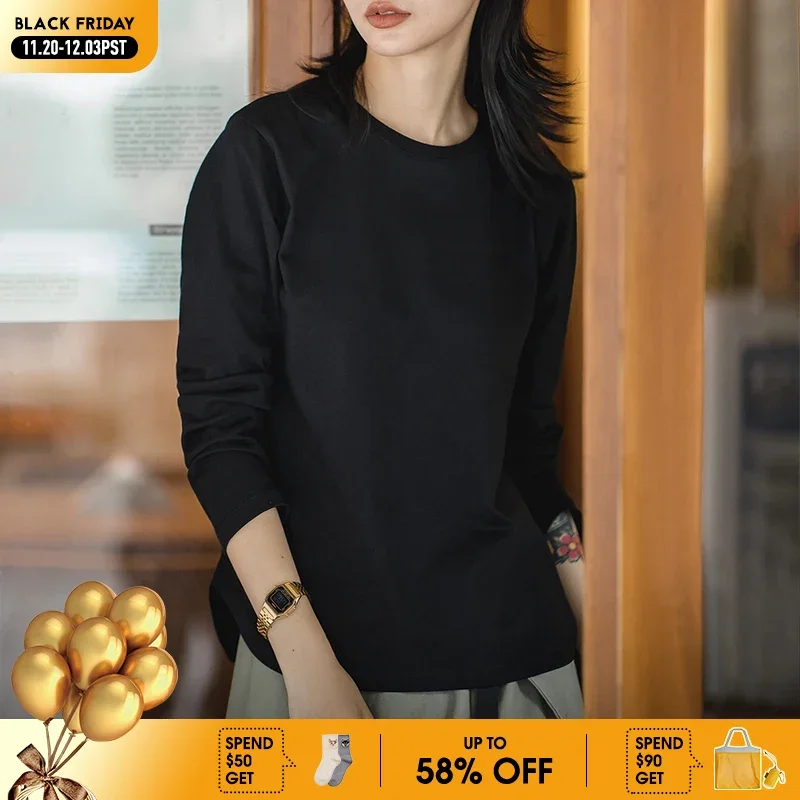 

Maden Long Sleeve Basic T-Shirt for Women Round Collar Cotton Tops Loose Fit Solid Color Tees Oversized T-shirts