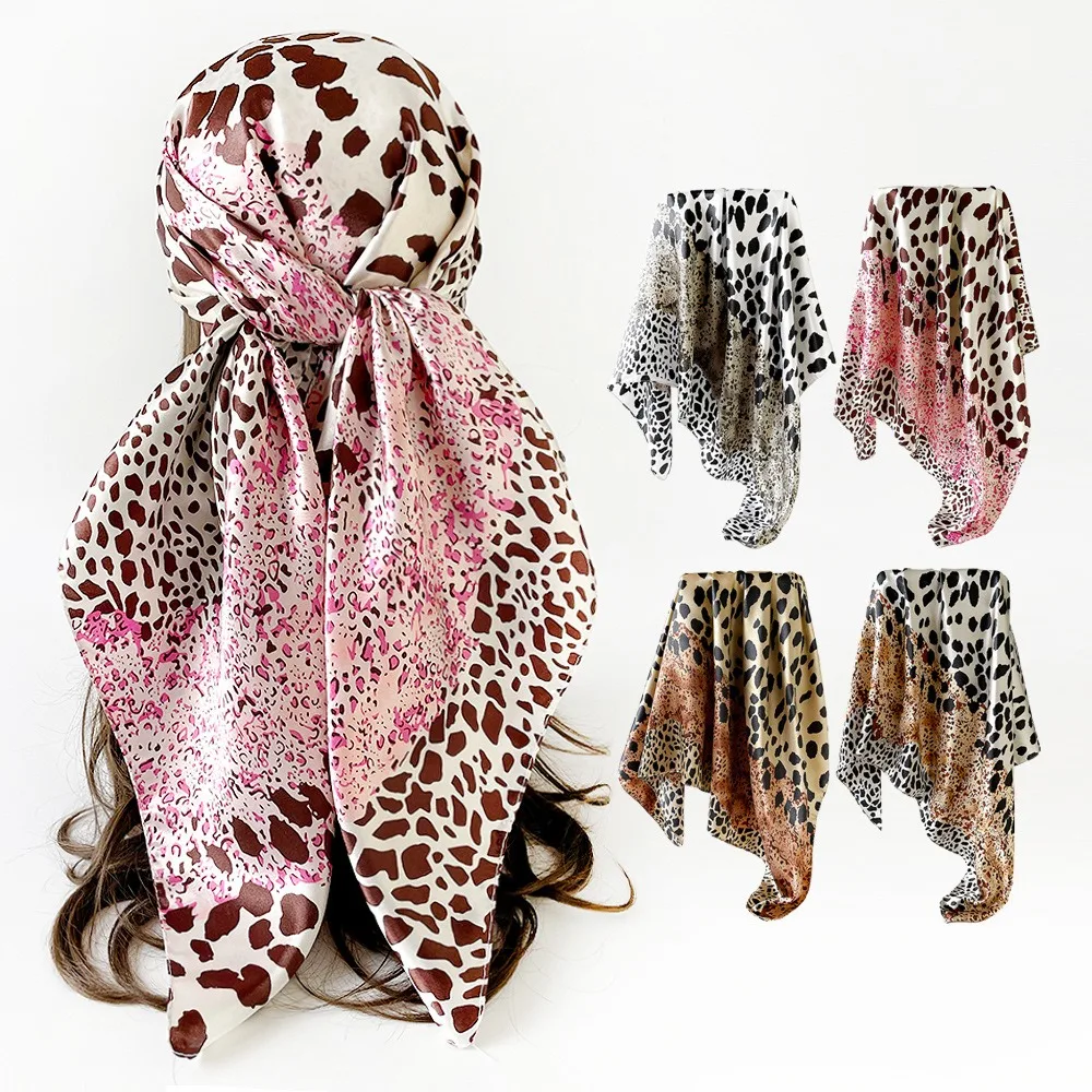 Leopard Print Scarf, 90cm Imitation Silk Satin Square Shawl, European & American Style Women's Headscarf